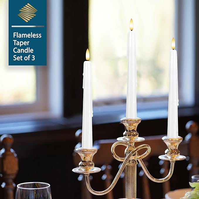 Dripless Flameless Taper Candles with Remote, Real Wax Battery Operated LED Candles Set with 3D Flickering Flame, 3Pcs White 9.6" Realistic Candlesticks as Mothers Day Gifts, Gifts for Mom