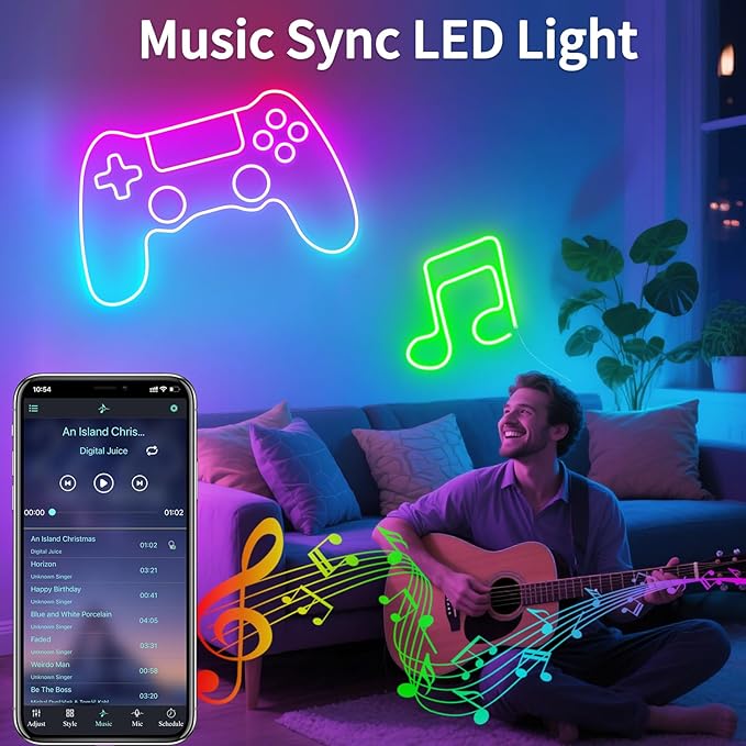 YeewhaleNeon Rope Lights，10ft RGB LED Strip Lights with App Control,Music Sync Flexible DIY Design 5V Neon Lights for Bedroom,Living Room,Gaming,and Party Decoration(with Adhesive Backing)
