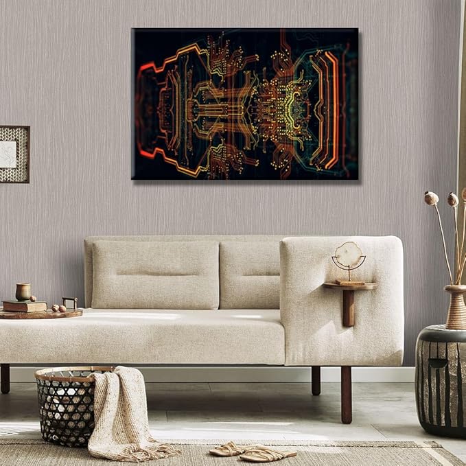 LSIUHWUWI Canvas Wall Art Circuit Board Art Wall Pictures for Living Room Computer Chip Wall Painting House Decoration CPU Concept Bedroom Wall Decor Modern Artwork Framed Ready to Hang 16X24 INCH