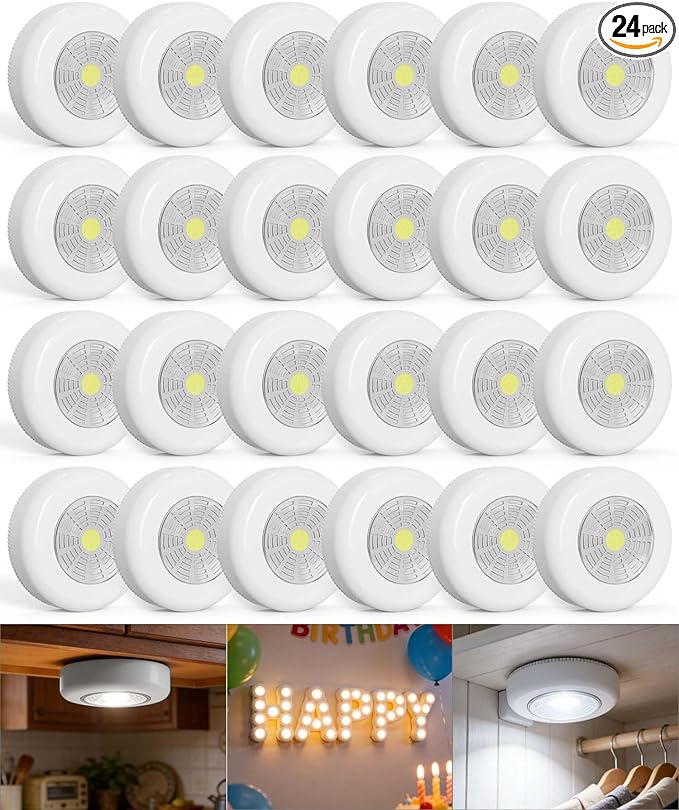 Tap Light Push Lights, 24-Pack Small Bright LED Puck Light Touch Night Lights Battery Operated Stick on Light for Closet Kitchen Cabinet Classroom DIY Letter Lights Holiday Party Decorations