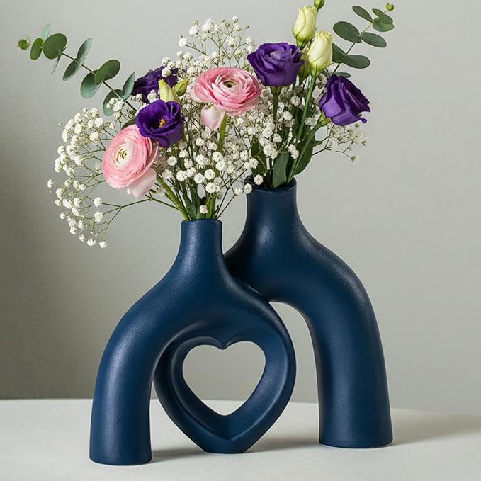 Snuggle Hollow Decorative Ceramic Vase, 8.3 Inch Hug Donut Modern Nordic Boho Style Vases for Aesthetic Home Decor, Anthropologie Living Room Shelf Coffee Table Décor (Navy Blue)