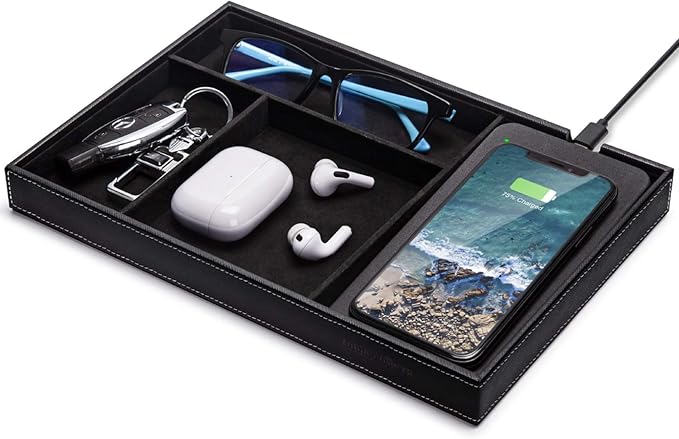 Valet Tray, Built in Wireless Charging Pad, Nightstand Organizer, Dresser Organizer, Mens Jewelry Box, Valet Charging Station, Faux Leather Valet Tray for Men and Women, (Black)