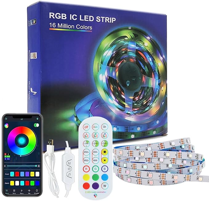 WS2812b Kit Individually Addressable LED Strip 16.4FT 30Pixels/m, Bluetooth APP Remote Control Music Sync,RGB IC Smart Pixel LED Strip Lights USB 5V for Room Home TV Party Decoration