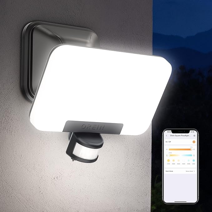 OREiN Smart Flood Lights Outdoor 2700K-6500K CCT Dusk to Dawn LED Security Lights with APP Control, 24W=200W. 1%-100% Brightness, IP65 Waterproof Bluetooth Conncected Floodlight, 1 Pack (Hardwired)