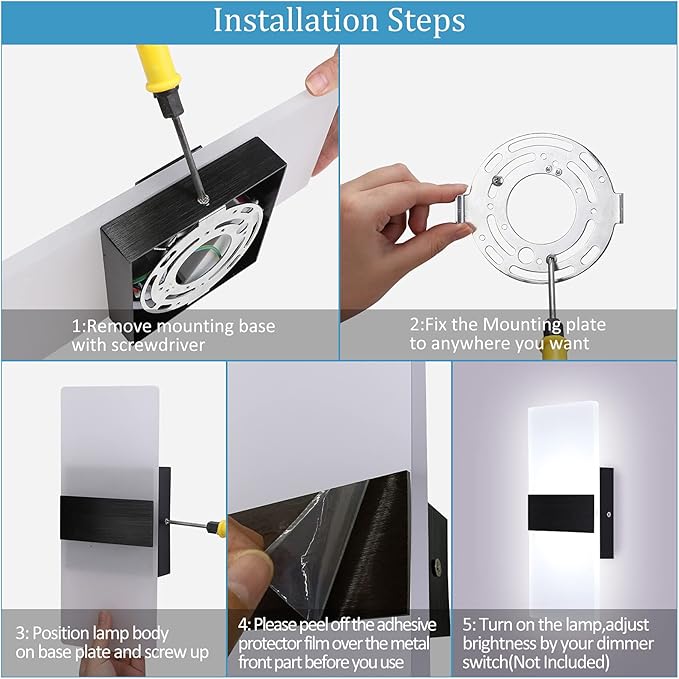 Lightess Modern Wall Sconce Dimmable Sconce Wall Lighting 12W Black Indoor Wall Lamp Acrylic Wall Mounted Lighting Fixture for Bedroom Living Room Hallway, Cool White
