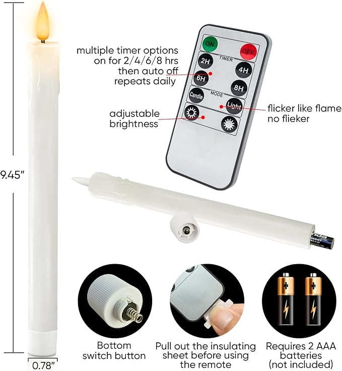Homemory 6 PCS Real Wax Flameless Taper Candles with Remote, Flickering LED Candlesticks with Timer Dimmer, Fake Candles for Xmas Wedding Celebration Decor, White, 9.6 Inches