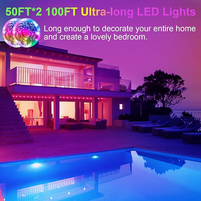 Led Lights for Bedroom 100ft, Led Strip Lights, Music Sync Color Changing Led Lights with APP and 44 Keys Remote Control, Rope Lights, RGB Led Light Strips for Room Decor(50ft*2)