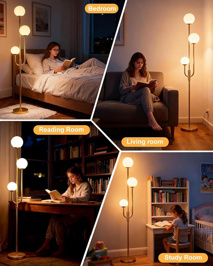 Lightdot 66IN Gold Globe Floor Lamp 3-Lights Vintage Gold Floor Lamps with 3000K Bulbs Included for Wedding Party Modern Tall Standing Lamp Dimmble for Living Room/Bedroom/Sofa Beside/Corner Decor