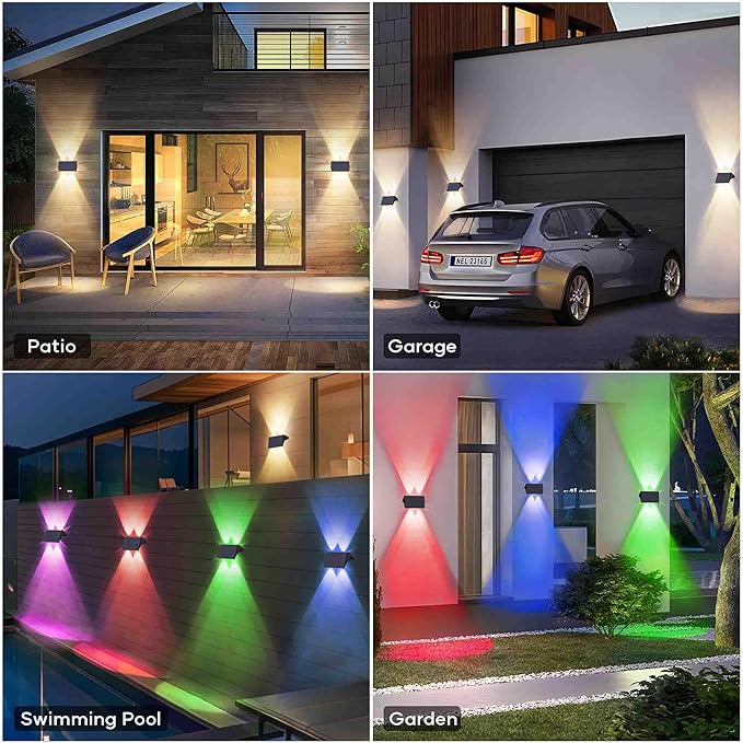 Fence Lights Solar Powered, 4-Pack Solar Fence Lights Up/Down Flexible Buttons, IP67 Waterproof for Outdoor, 100LM Bright, Auto Dusk to Dawn for Wall/Stairs/Yard/Railing/Deck/Pathway (White & RGB)