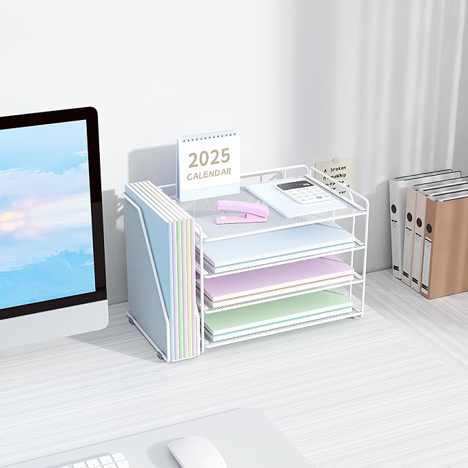 Spacrea Desk Organizers and Accessories, Paper Organizer for Desk with File organizer, Desk Accessories & Workspace Organizers for Office Supplies (White)