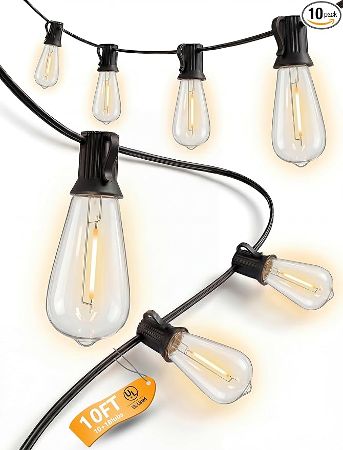 10FT Outdoor String Lights, ST40 Shatterproof Vintage Edison Bulbs, Black Cord Waterproof LED Plug-in Short Patio Light, Indoor Hanging Decor for Porch Balcony