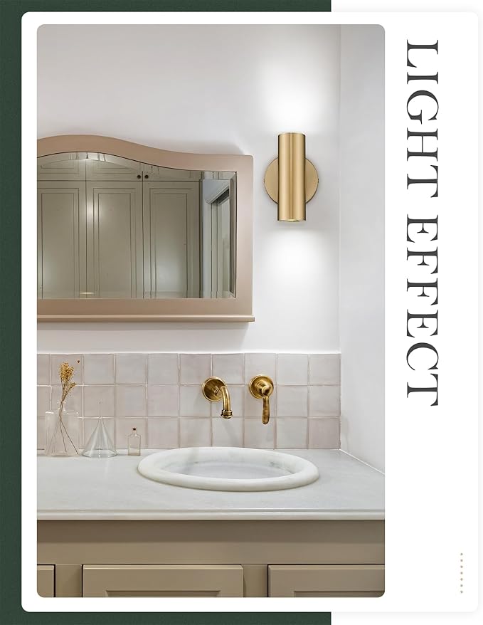 2-Light Wall Light, Brass Gold Wall Sconce, Indoor Up and Down Wall Lamp with Cover for Bedroom Bathroom Stair Entryway, Update WL4830-2W-BB-B