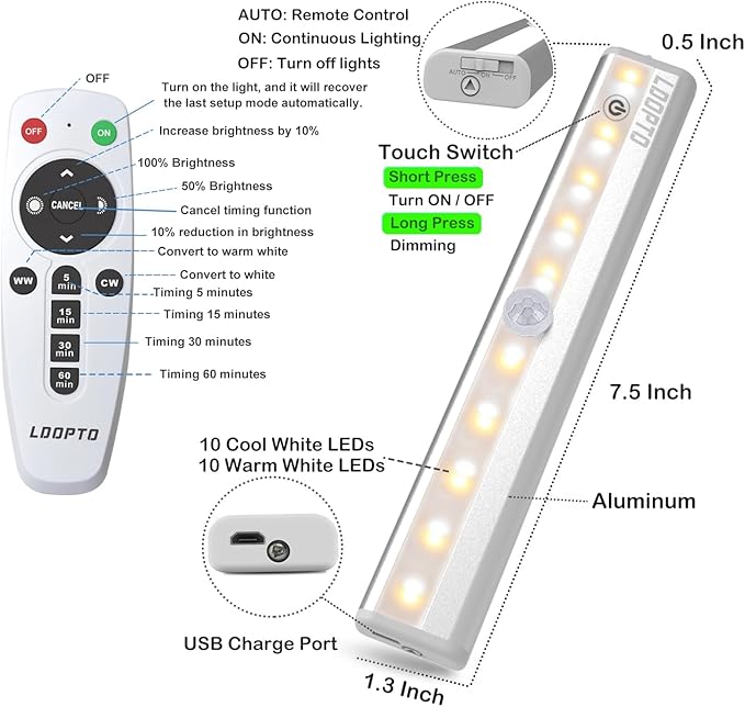LDOPTO Under Cabinet Lights Wireless 4 Pack, Rechargeable Battery Operated Lights with Remote, Dimmable Led Closet Lights, Under Counter Lights Stick-on Touch Night Light for Kitchen, 3 Colors