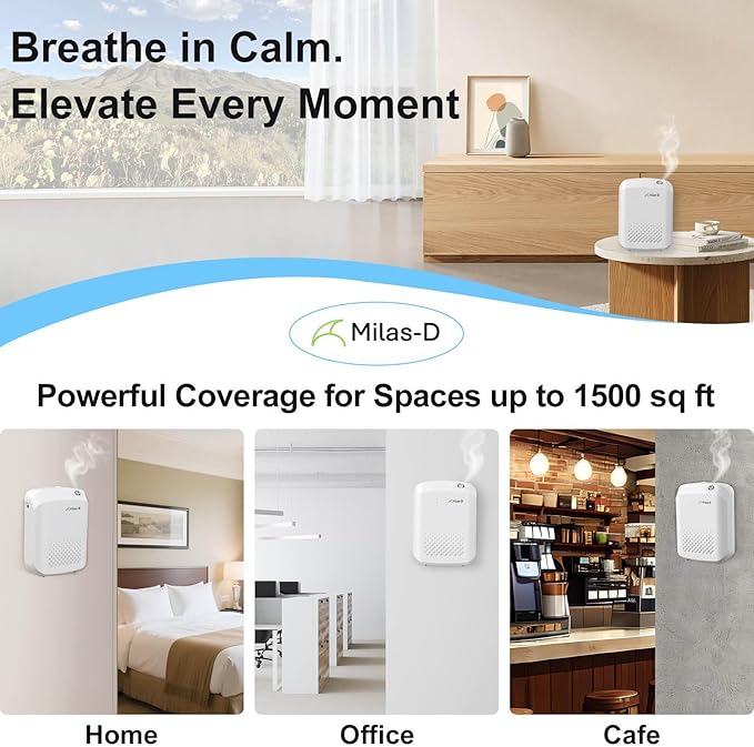 Waterless Essential Oil Diffuser for Home and Commerical, Aromatherapy Diffuser for Large Rooms Up to 1500 sqft, Bluetooth Smart Scent Air Machine with 13.5 fl.oz./400 mL Capacity, Cold Air, Milas-D