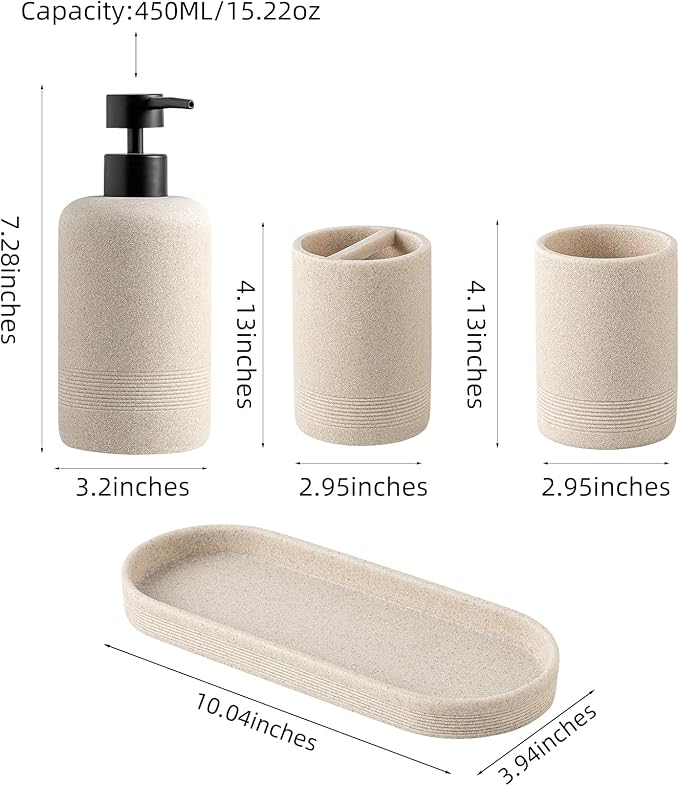 Bathroom Accessories Set, 6 PCS Modern Bathroom Accessory Set with 13.5 OZ Soap Dispenser, Toothbrush Holder, Vanity Tray, Tumbler, 2 PCS Qtip Holders (Beige 4PCS)