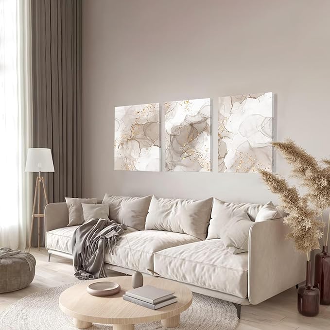 Beige Abstract Wall Art Set of 3,Beige Gold Boho Wall Decor Living Room,Netural Tones Mid Century Modern Framed Wall Art,Netural Boho Canvas Art Wall Decor Paintings for Bedroom Bathroom-12" x 16"
