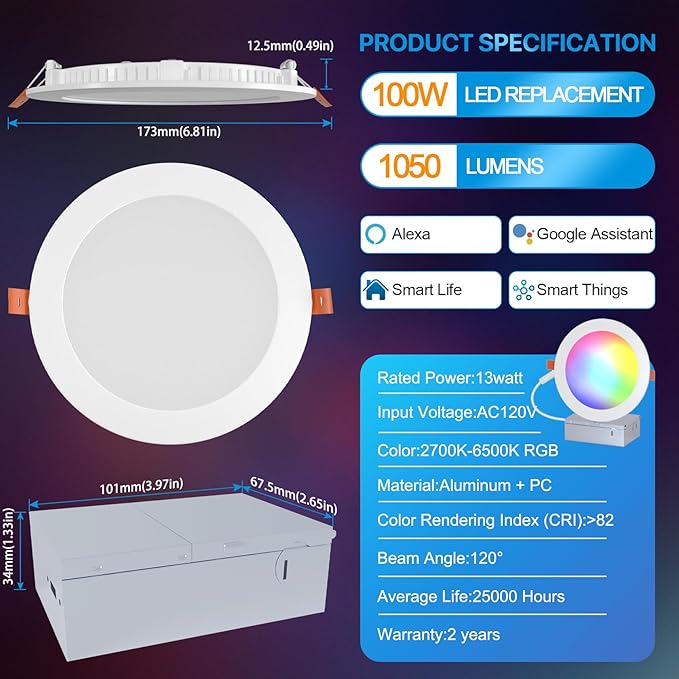ORALUCE Smart Recessed Lighting 6 Inch, WiFi＆Bluetooth Color Changing Retrofit LED Can Lights, 13W 1050LM RGBCW 2700-6500K Ultra-Thin Wafer Lights Compatible with Alexa/Google Assistant, 1Pack