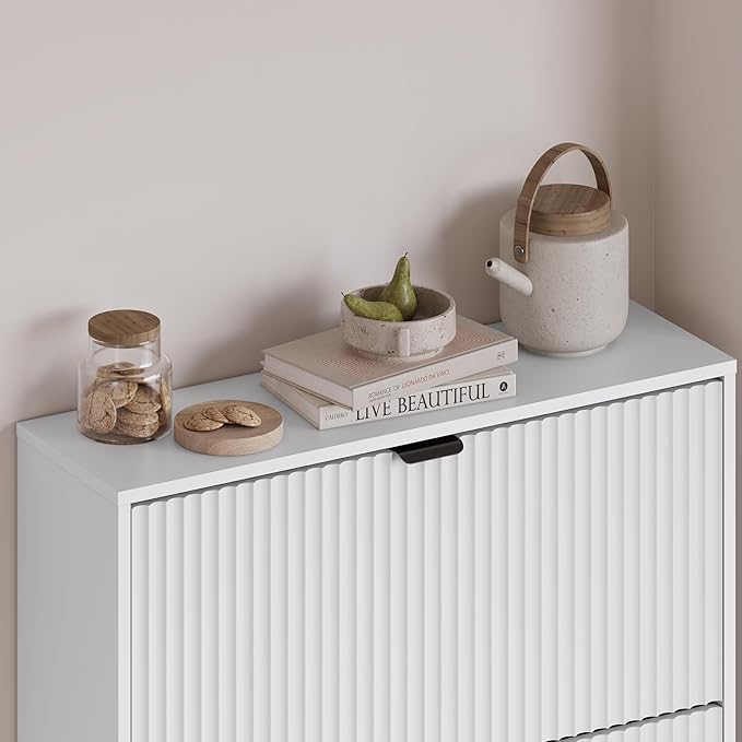 Entryway Shoe Cabinet with 3 Flip Drawers, Narrow Shoe Organizer Cabinet with Fluted Panel and Adjustable Shelves for Foyer, Hallway