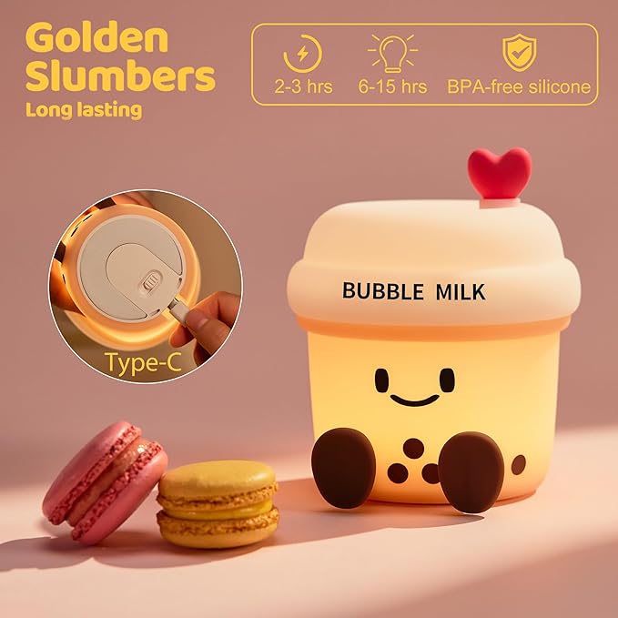 Cute Loving Bubble Milk Cup Night Light, 3-Level Dimmable Soft Light, Timed, Rechargeable, Silicone Bedside Touch Lamp, Creates a Cozy Ambiance, Ideal Decoration and Gift for Girls, Women, and Kids