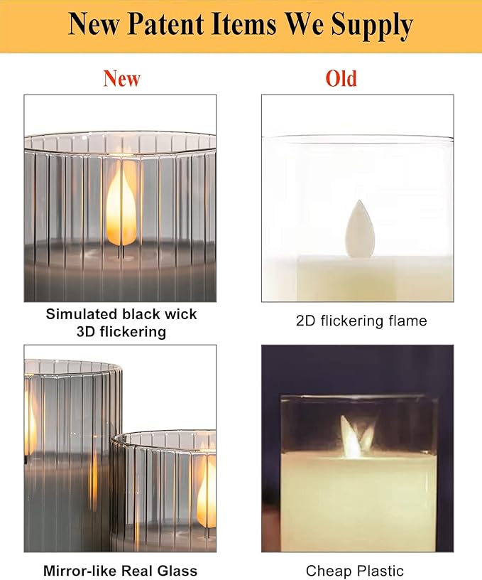 ANGELLOONG Gray Flameless Candles with Remote, Battery Operated Candles with Timer, LED Candle Flickering Pillar, Fake Electric Candles for Home Bathroom Shelf Decor, Set of 3