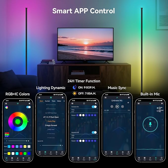 RGB LED Corner Floor Lamp - Smart App & Remote Control, Music Sync Color Changing Ambience Light with 16 Million Hues, Perfect for Bedroom, Living Room & Gaming Room