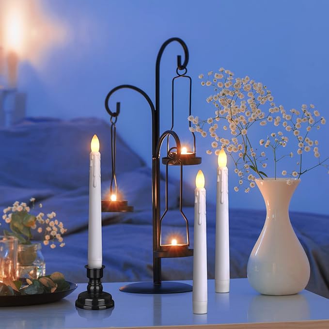LED Battery Operated Window Candle with Remote & Timer Flickering Warm Light Christmas Flameless Taper Candles for Party Holiday Wedding Home Table Decoration (Pack of 6,White+Black Holder(A))…
