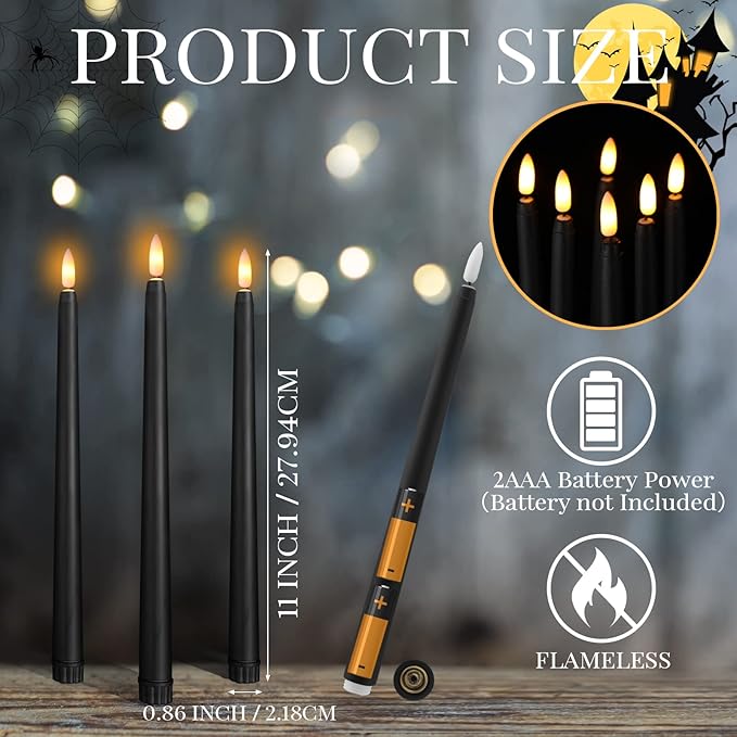 Macarrie 24 Packs Flameless Taper Candles Battery Operated Fake 11 Inch Long Candlelight LED Flameless Candlesticks Flickering Tapered for Spring Summer Wedding(Black)