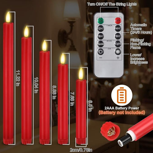 10 Pcs Flameless Taper Candles with Remote Battery Operated Taper Candles Include 6.5'' 7.7" 8.9" 10" 11.2" Fake LED Electric Candle Sticks for Valentine's Day Home Wedding Decor (Red)