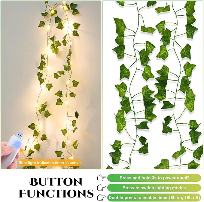 Vine with Fairy Lights Rechargeable, 6.56ft Ivy Leaf with 20 LED, 8 Mode and Timer USB Removable Battery Compartment Twinkle String Light for Indoor/Outdoor, Wedding Party Room Wall Decor, Warm White