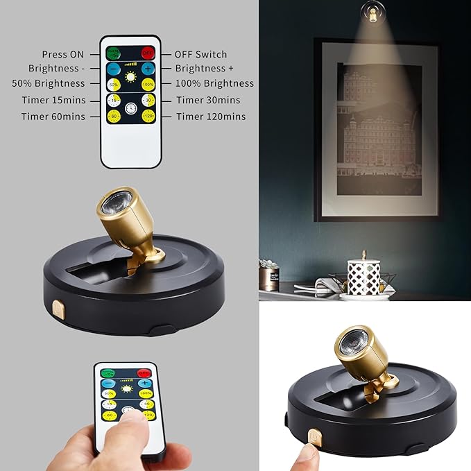 Wireless Spotlight Battery Operated, Tap Closet Light LED Puck Lights with Remote, 2-Pack Stick on Artwork Lighting with Rotatable Head for Wall Entrance Hallway Basement Artwork Decorative