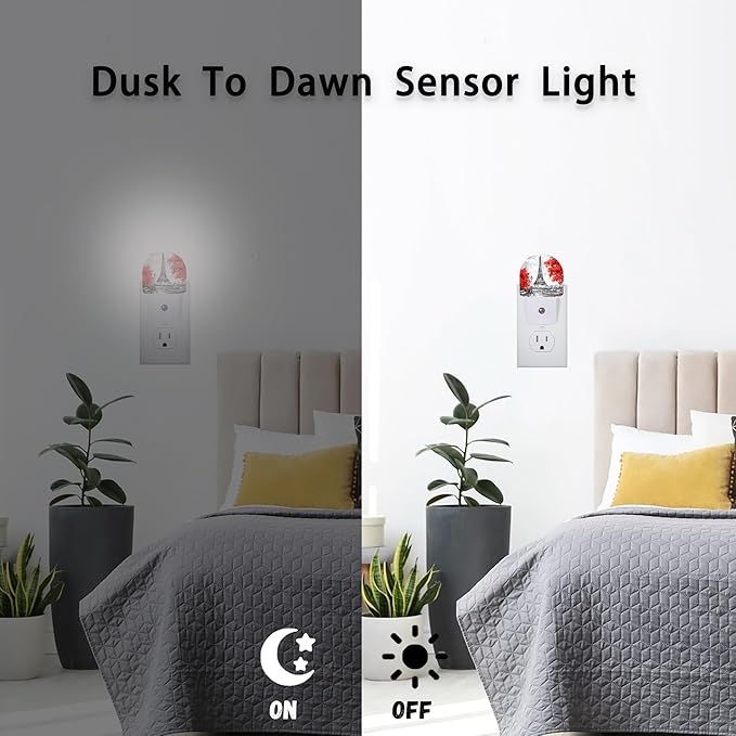 Eiffel Tower Paris Red Flower Night Lights Plug into Wall for Girls Boys Room,Night Light LED Lamp Dusk to Dawn Sensor Round Lamp for Bedroom Bathroom Hallway Home Wall Decor