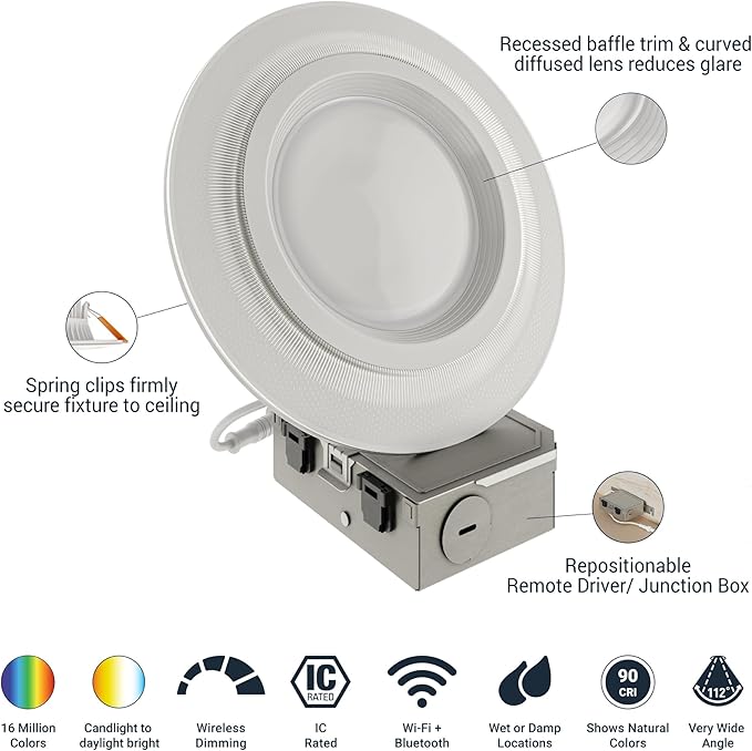 HALO 6” Dual Zone Smart Wi-Fi® Canless LED Light Powered by WiZ Pro 4 Pack, Dimmable Full Color w/SpaceSense, Smart Home Ready RLWZDZC6-4PK