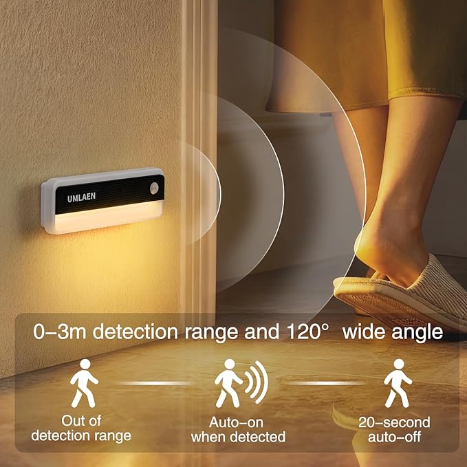 2 Pack Motion Sensor Lights Indoor, 1800mAh Rechargeable Motion Activated Night Light, 3 Colors | 2 Modes Stick On Lights for Stairway, Stair, Bedroom, Hallway, Kitchen, Cabinet, Closet