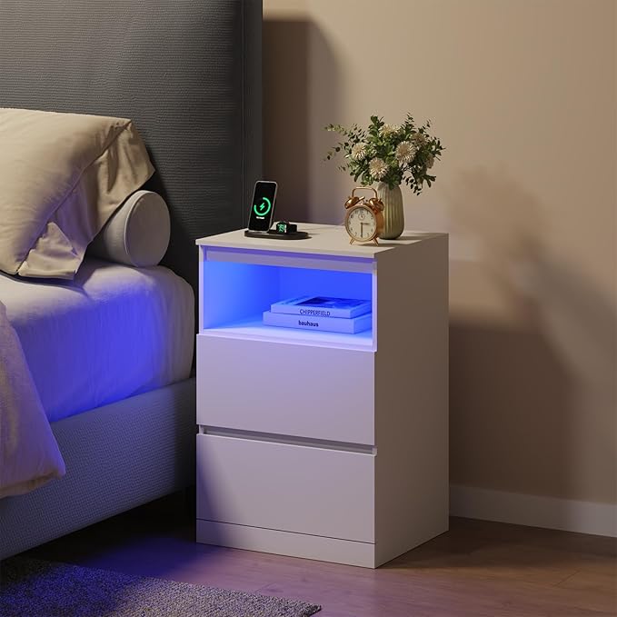 Nightstand with Charging Station and LED Light, 26" H with Hidden Drawer, 3 Drawers, Modern Night Stand for Bedroom, White