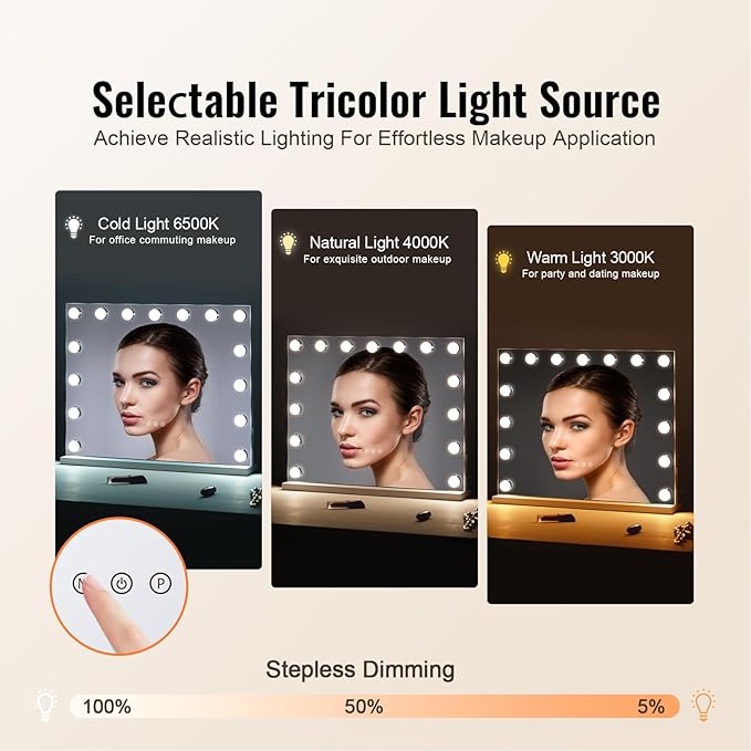 VEVOR Hollywood Vanity Mirror with Lights,15 Dimmable Bulbs &3 Color Lighting Modes, Makeup Mirror w/Detachable 5X Magnification,USB Port,Smart Touch Control,Desktop Wall-Mount(22.8x18.1 in, White)