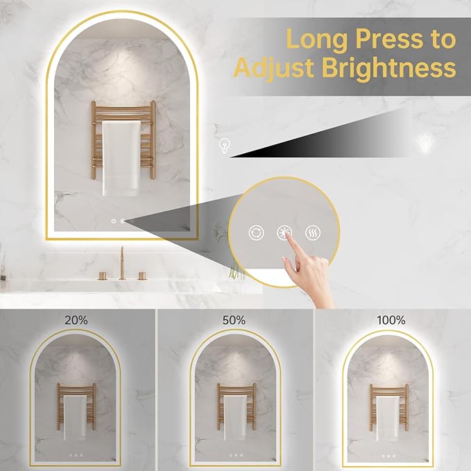 24"x36" Arched LED Mirror for Bathroom, Brushed Gold Lighted Bathroom Mirror with Lights, Fogless, Dimmable, Shatterproof, Touch Sensor, 3 Color Changing