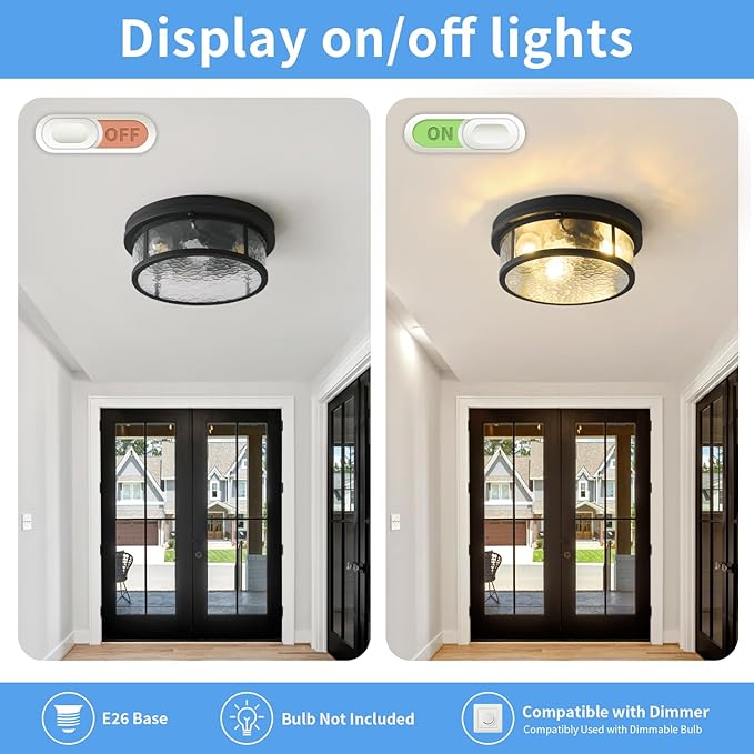 Adjustable Motion Sensor Flush Mount Ceiling Lights Fixture with Water Ripples Glass Shade,Round Matte Black Metal Modern Ceiling Lamp for Entryway,Hallway,Porch,Patio and Garage,12 inch,3-Light