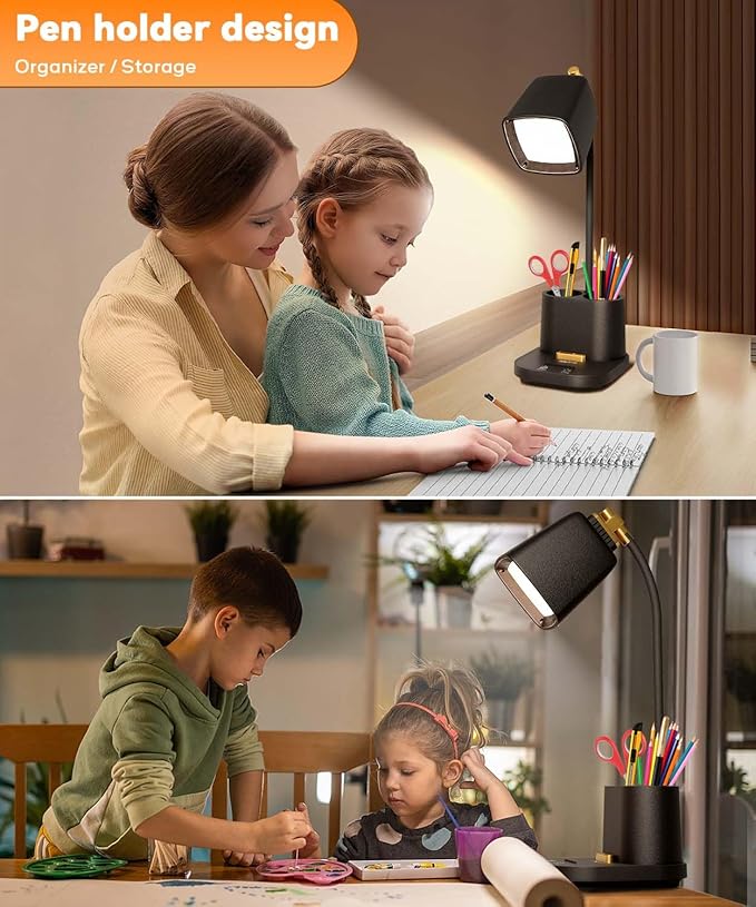 Desk Lamp with USB Charging Ports & Organizer, Small Table Lamps for Home Office/Bedroom/College Dorm Room, Eye-Caring LED Light W/USB Charger for Study/Reading/Artists/Work/Task,Gooseneck Desk Light