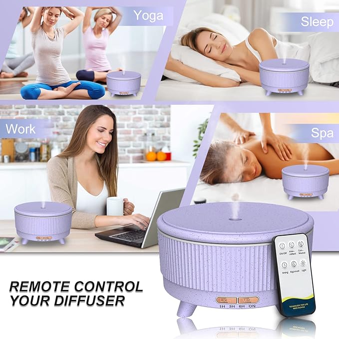 Diffusers for Essential Oils Large Room Humidifier, 500ml Aromatherapy Diffuser Cool Mist Humidifier with Remote Control,7 Colors Lights & 3 Mist Mode Waterless Auto Off for Women Office Light Purple
