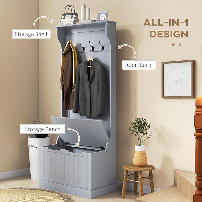 HOMCOM Hall Tree with Bench and Shoe Storage, 3-In-1 Entryway Bench with Coat Rack, 4 Hooks and Flip Top Storage Compartment, Gray