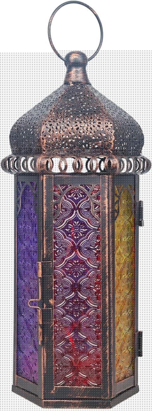 DECORKEY Ramadan Decorations, Vintage Candle Lantern Decorative Indoor&Outdoor, 14.7'' Moroccan Hanging&Tabletop Lantern with 6 Colors Glass, Metal Decor for Home Front Porch Patio Decor