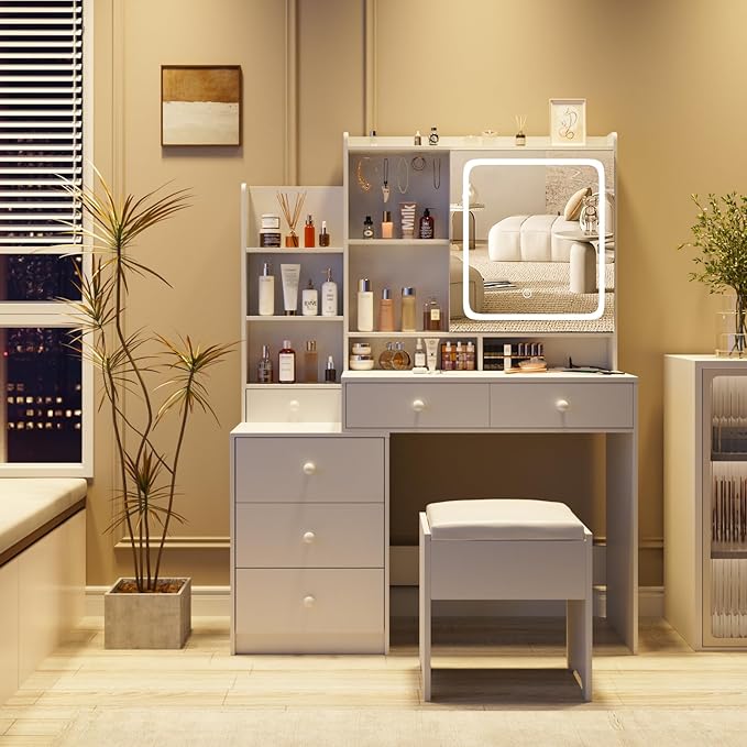 White Vanity Desk Set with Led Mirror,Makeup Vanity Table with Power Strip,Dressing Table with Stool & Lots Drawers,3 Lighting Color Mirror,Brightness Adjustable