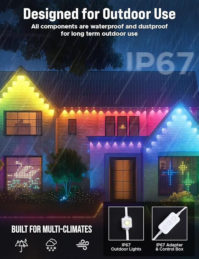 EcoNour 150 FT RGB Smart Permanent Outdoor Lights | Waterproof LED Eaves Lights with App & Remote Control | Colorful RGB Light with Music Sync | Smart Outdoor LED Christmas Light with Festive Effects