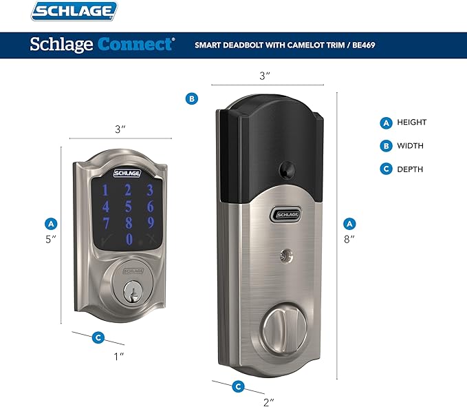 Schlage Connect Smart Deadbolt Lock with Touchscreen Keypad, Keyless Front Door Entry, Z-Wave Plus Compatible, Satin Nickel, BE469ZP CAM 619