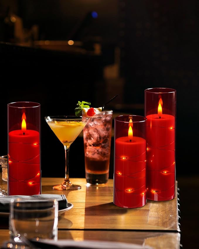 Da by Flameless Candle Light, Battery Candle with recessed String Light, 5 flameless Candles with 11-Key Remote Control, 24-Hour Timer Function, red