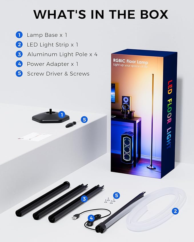 2 Pack Corner LED RGB Floor Lamp, Smart Dimmable Corner Light with Music Sync, Color Changing Ambient Lighting with App and Remote Control, for Bedroom, Living Room Gaming Room