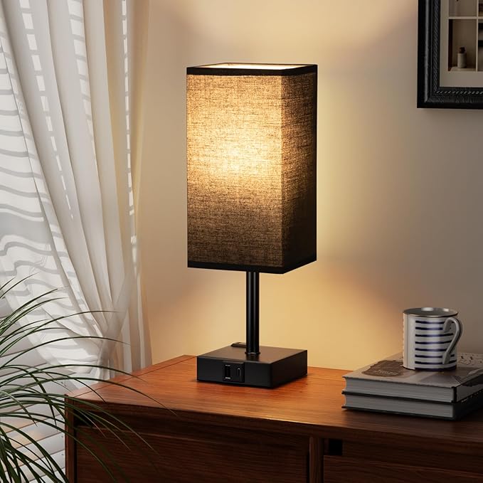 aooshine Black Bedside Lamp for Nightstand - Touch Table Lamp with Type C + A and AC Outlet, Square Charging Lamps for Bedroom Decor, Dorm Lamp for Men, E26 Bulb Included (3000K)