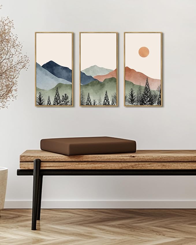 KUVIOKE Watercolor Mountains Range Landscape Wall Art Framed Tree Nature Wall Decor Sun Rises Prints Bedroom Living Room Ready to Hang 8x16in3pcs Natural Framed