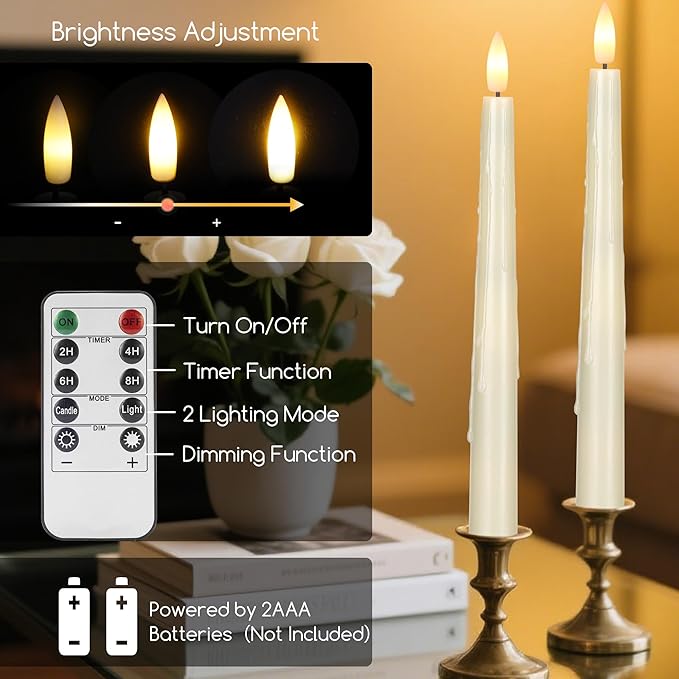 Ivory Flameless Taper Candles with Remote and Timer, 9.68" Battery Operated Candle with Flickering Flame, Led Flameless Candlesticks for Christmas Tables, Weddings & Dining Table Centerpieces, 2 Pack