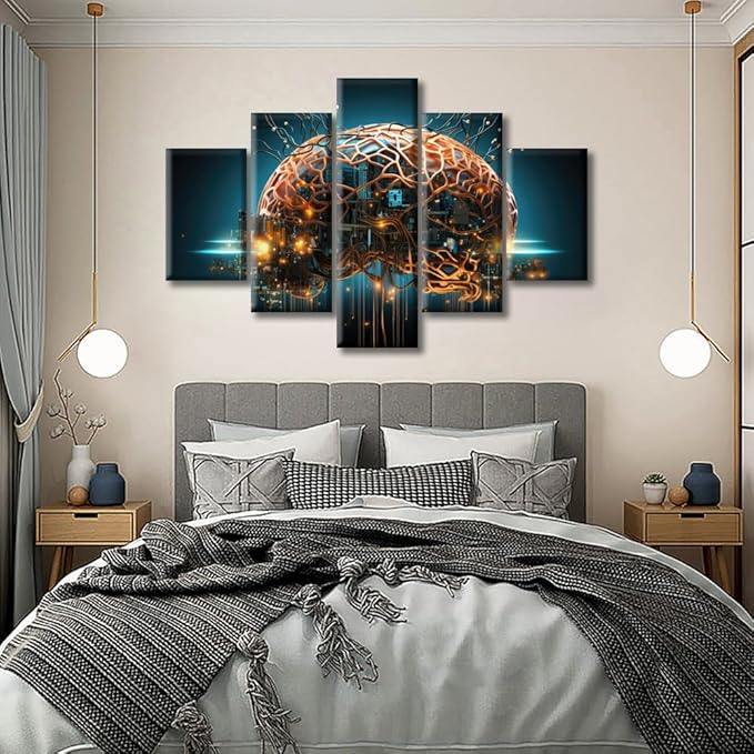 5 Panel Wall Art Robot Brain Painting Print On Canvas Brain Nervous System Pictures for Bedroom Home Decor Smart Brain Modern Artwork Paintings Frame Ready to Hang, (60"Wx40"H)